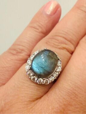 Natural Blue Flash Labradorite Halo Ring – Adjustabl Silver Statement Ring